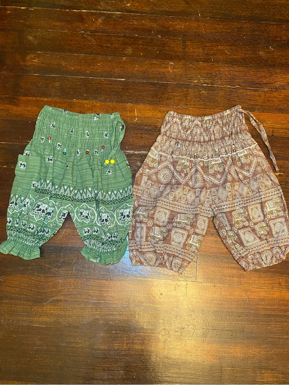 EUC LIKE NEW Bohemian Smocked Elephant Print Harem Pants Bells Metallic Accents